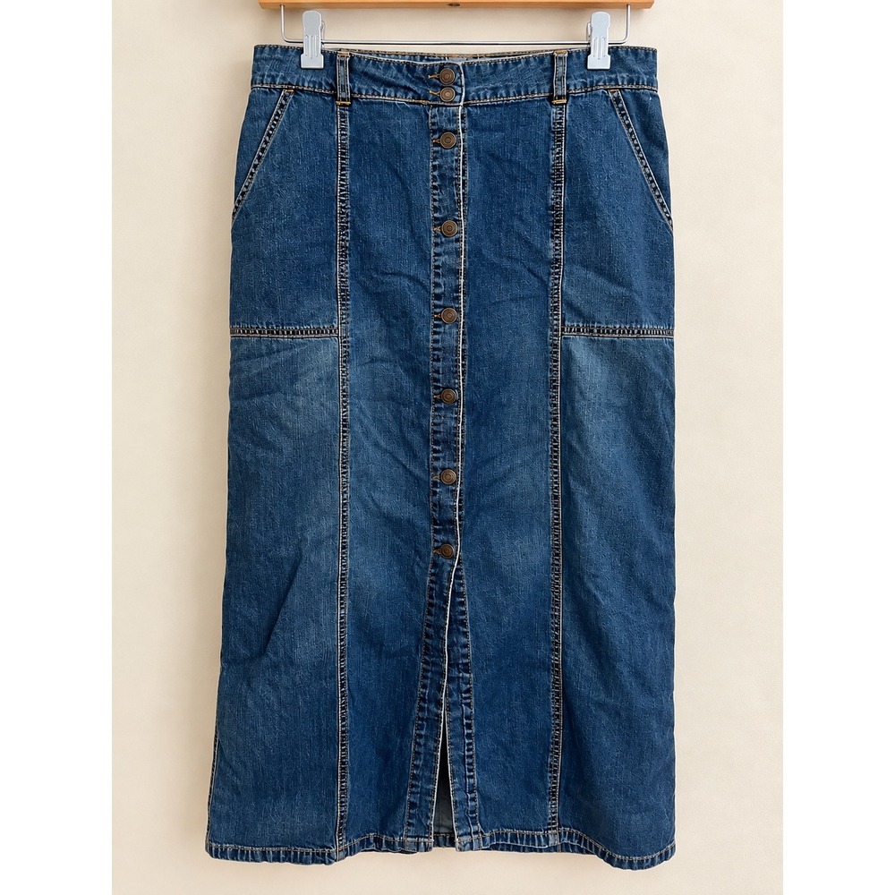 Old Navy Blue Jeans Womens 12 Denim Maxi Skirt Button Front Medium Wash Cotton